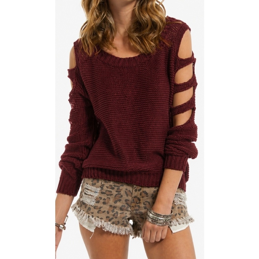 Pippa Lynn Burgundy 100% Cotton Ladder Sleeve Boho Sweater Oxblood Chunky Knit